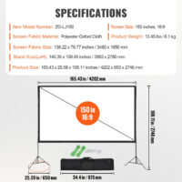 VEVOR Projector Screen with Stand, 150 inch 16:9 4K 1080 HD Outdoor Movie Screen with Stand, Wrinkle-Free Projection Screen with Tripods and Carry Bag, for Home Theater Cinema Backyard Movie Night - Image 7