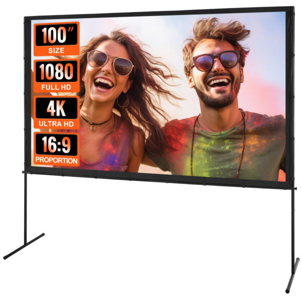 VEVOR Projector Screen with Stand, 100 inch 16:9 4K 1080 HD Outdoor Movie Screen with Stand, Wrinkle-Free Projection Screen with Bar Feet and Carry Bag, for Home Theater Cinema Backyard Movie Night