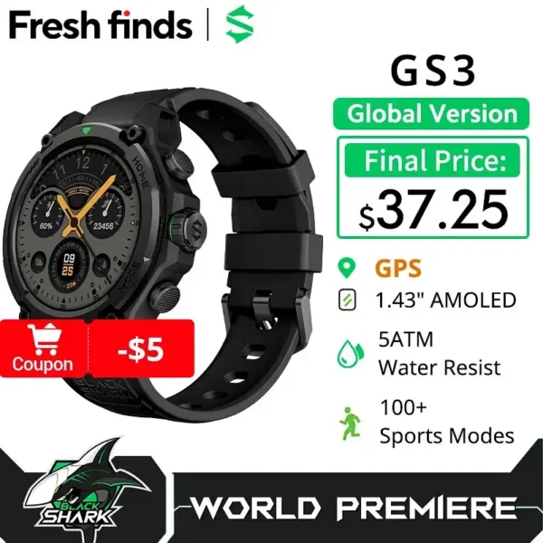 Color: Black, Ships From: Mexico - [World Premiere]Blackshark GS3 Smart Watch Global Version 1.43"AMOLED Display GPS Satellite Positioning 21 Day Battery Life 5ATM