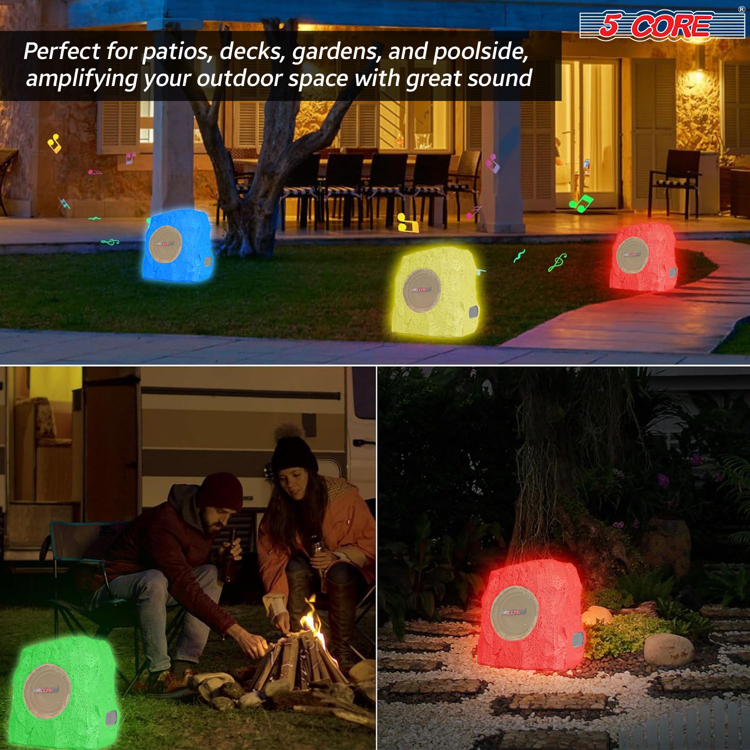 5 Core Rock Speaker Outdoor Waterproof Bluetooth Garden Speakers Solar & USB Charging RGB Colors for Patio Pool & Home - Image 11
