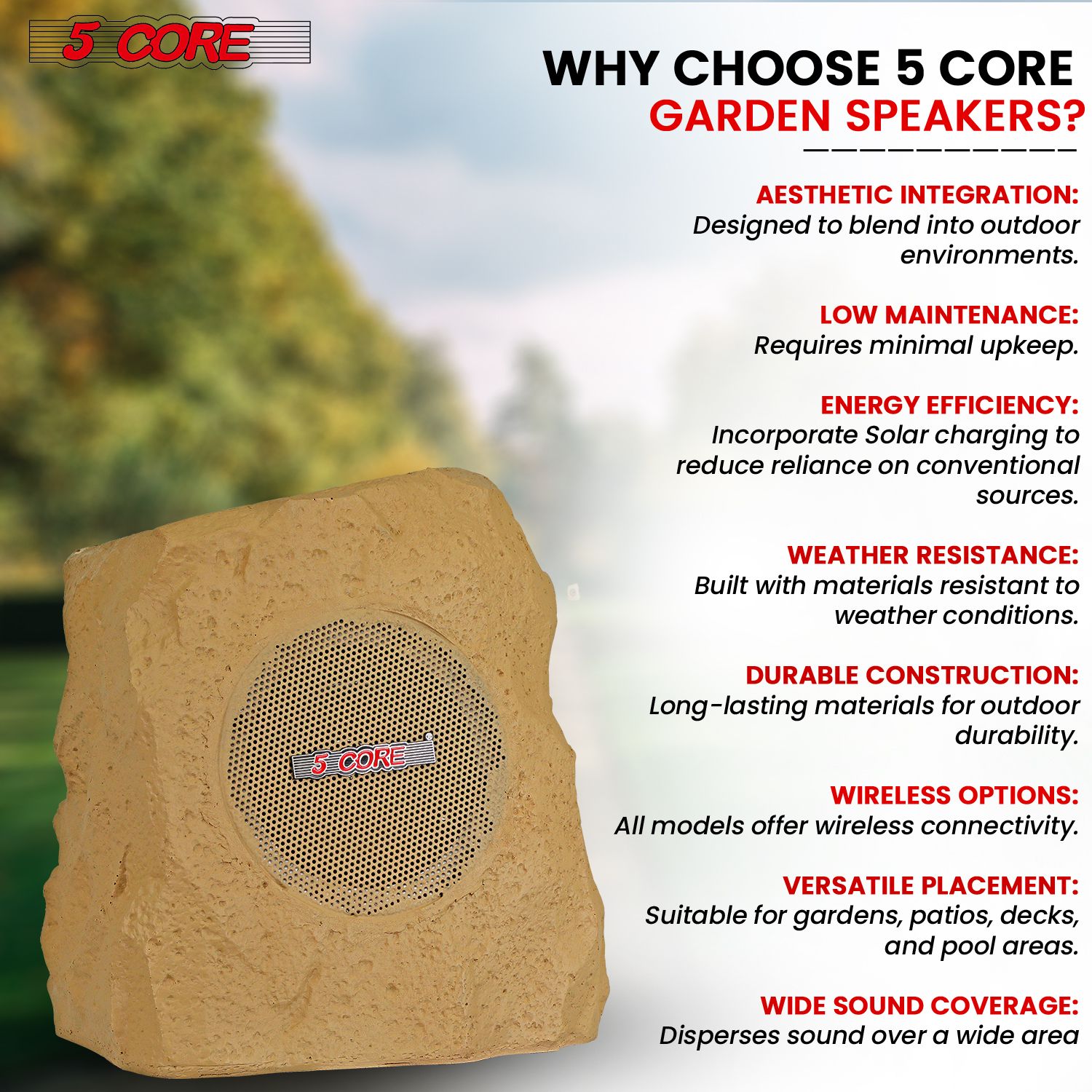 5 Core Rock Speaker Outdoor Waterproof Bluetooth Garden Speakers Solar & USB Charging RGB Colors for Patio Pool & Home - Image 13