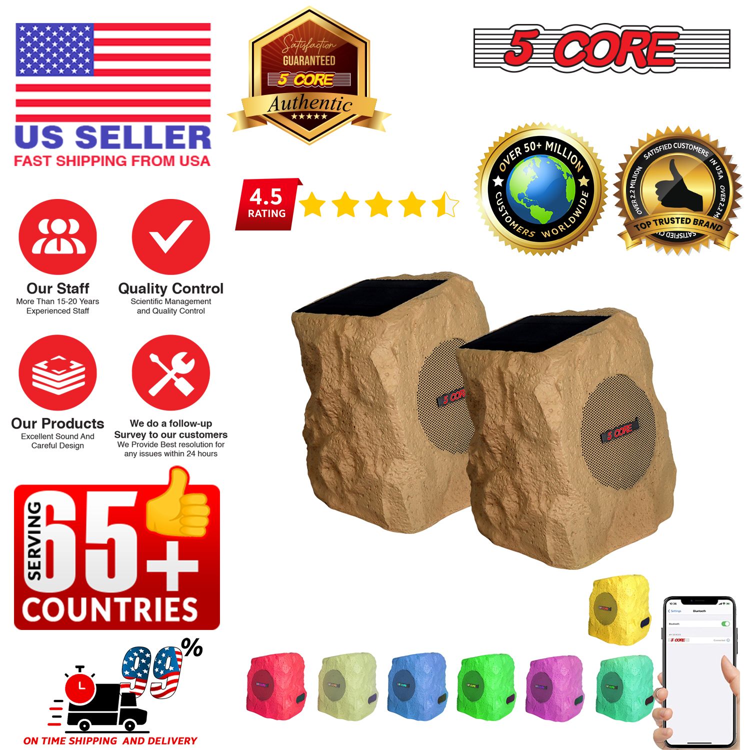 5 Core Rock Speaker Outdoor Waterproof Bluetooth Garden Speakers Solar & USB Charging RGB Colors for Patio Pool & Home - Image 14