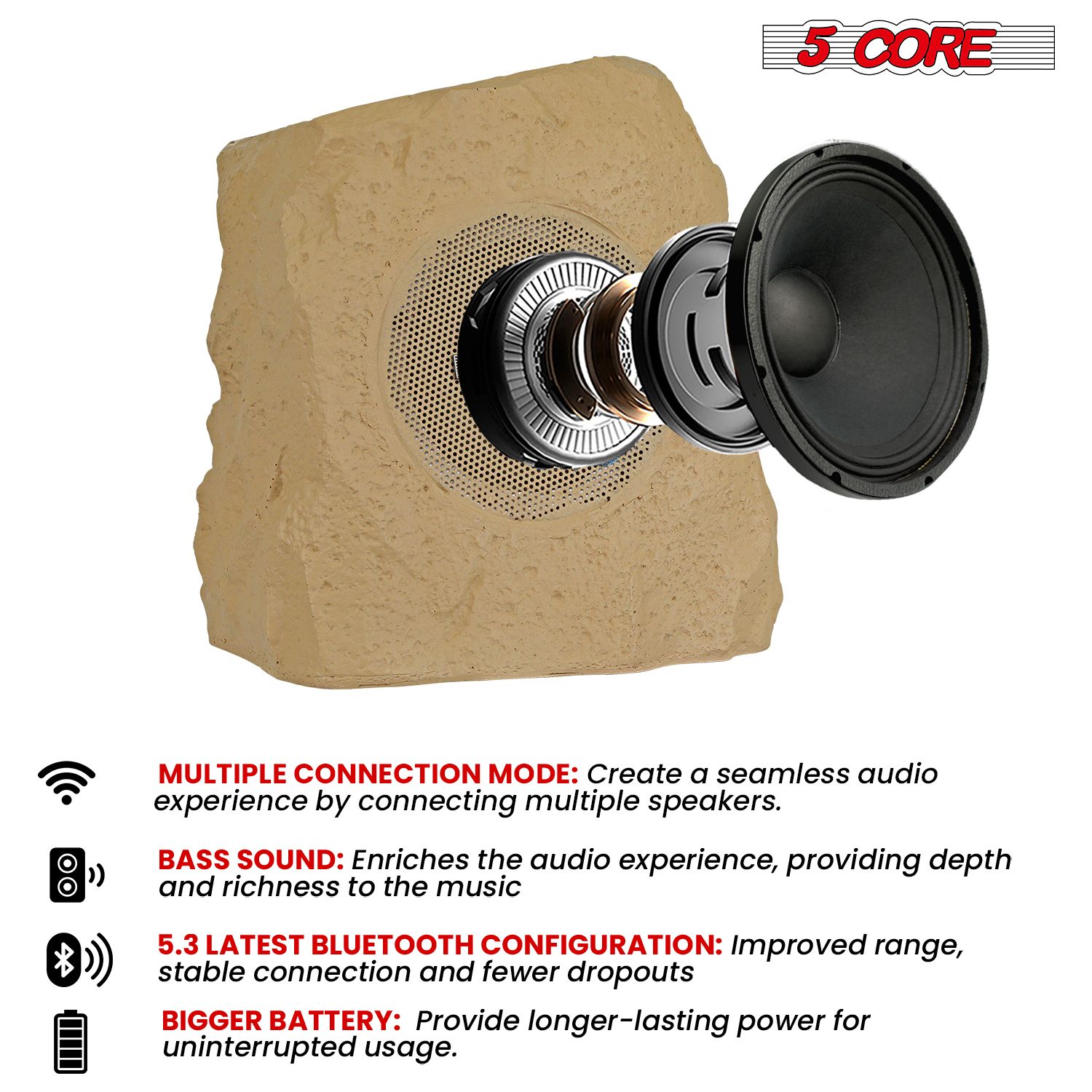 5 Core Rock Speaker Outdoor Waterproof Bluetooth Garden Speakers Solar & USB Charging RGB Colors for Patio Pool & Home - Image 10